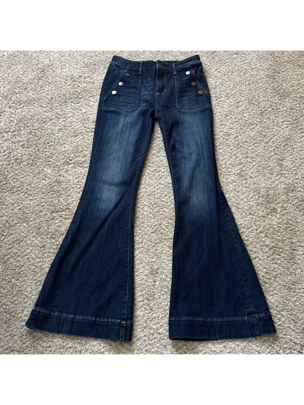 DRIFTWOOD Farrah Flare Jeans Women's W27 L32 Dark Wash High Rise Button Accent